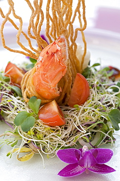 Langoustine with Thai noodles, served with sweet and sour sprouts, Head chef Andre Jaeger, Restaurant Hotel Fischerzunft, Schaffhausen, Switzerland