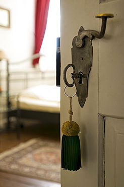 View through opened door at a room, Restaurant Philipp, Sommerhausen, Franconia, Bavaria, Germany