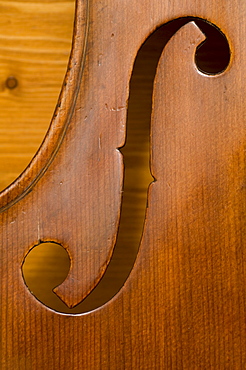 Close up of a violin body, Workshop of Bruce Carlson, Violin Maker, Cremona, Lombardy, Italy