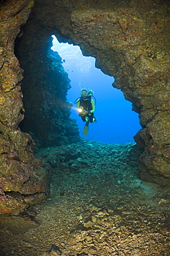 Diver at Caves of Lava Tubes, Cathedrals of Lanai, Maui, Hawaii, USA