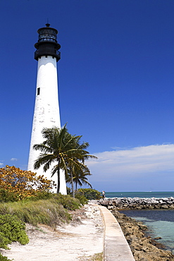 Cape Florida Lighthouse under blue sky, Bill Baggs State Park, Key Biscayne, Miami, Florida, USA