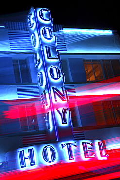 The neon sign of the Colony Hotel at night, South Beach, Miami Beach, Florida, USA