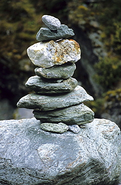 Cairn on the Rees Dart Track at upper Dart Valley, Mt. Aspiring National Park, South Island, New Zealand, Oceania