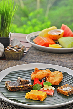 A table is laid out for breakfast in nature, Kupu Kupu Barong Resort, Ubud, Indonesia, Asia