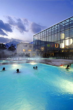 Outdoor pool in Therme Meran, salt water pool and thermal spa, Merano, South Tyrol, Italy