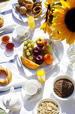 Breakfast table with sunflower in a hotel, Healthy breakfast, South Tyrol, Italy