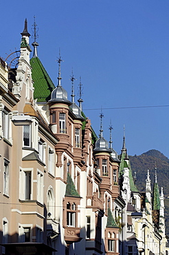 The houses of the Old Town under blue sky, Bozen, South Tyrol, Italy, Europe