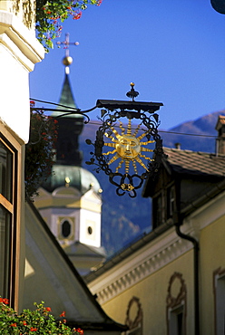 Guest house Sonne with sign, Cathedral of Brixen in the background, Brixen, South Tyrol, Italy