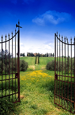 View through a garden gate at a country house, Val dâˆšÃ‡Â¬Â¥Orcia, Tuscany, Italy, Europe