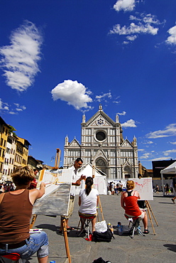 Painting class in front of Santa Croce church under blue sky, Piazza Santa Croce, Florence, Tuscany, Italy, Europe