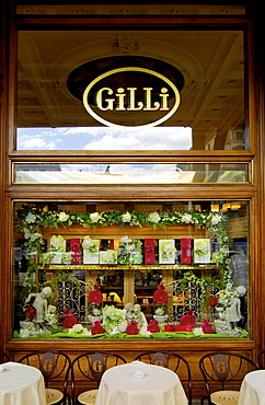 Deserted tables in front of the showcase of the Gilli Cafe, Piazza della Republica, Florence, Tuscany, Italy, Europe