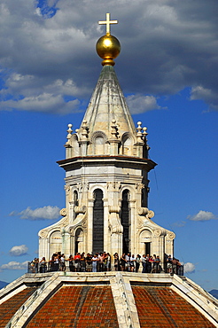 Cupola with golden cross, tourists on the viewing platform, Florence, Tuscany, Italy, Europe