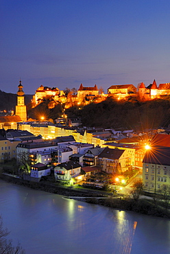 View to old town with castle at night, Burghausen, Upper Bavaria, Germany