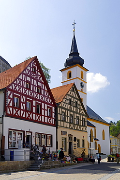 Half-timbered houses and church, Pottenstein, Upper Franconia, Bavaria, Germany