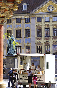 Snack stall in market square, Coburg, Upper Franconia, Bavaria, Germany