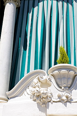 Curtain at the window of the casino of San Remo in the sunlight, San Remo, Italy, Europe