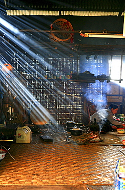 Interior view of a kitchen at a Shan home, Shan mountain village, Shan State, Myanmar, Burma, Asia