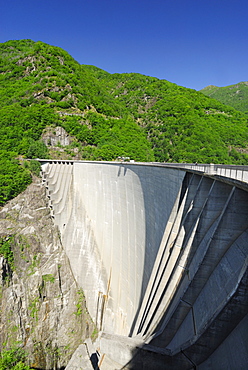 Dam at lake Vogorno, water power plant, Gordola, valley of Verzasca, Valle Verzasca, Ticino, Switzerland