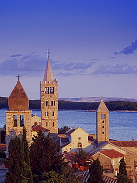 View over Bay of Kvarner and steeples in the light of the evening sun, Rab island, Croatian Adriatic Sea, Dalmatia, Croatia, Europe