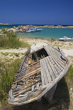 Wreckage of a boat, small fishing port with fishing boats, Erenkoy, Gialousa, Dipkarpaz, Rizokarpaso, Karpasia, Karpass Peninsula, Cyprus