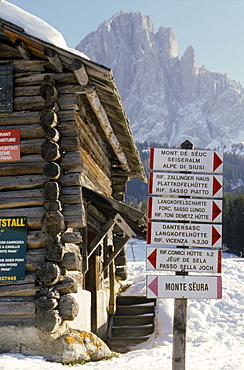 Signpost at an Alpine Hut, Winter, Sella, Seiseralm, Dolomites, South Tyrol, Italy