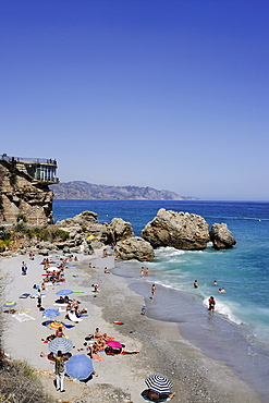 Playa del Salon, Balcon de Europa in background, Nerja, Andalusia, Spain