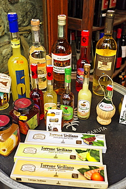 Sicilian delicacies on a table, Cefalu, Sicily, Italy