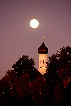 Full moon over Iffeldorf church, Upper Bavaria, Bavaria, Germany
