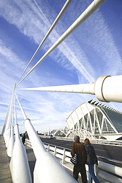 Bridge and buildings at Ciudad de las Artes y las Ciencias, City of Arts and Sciences, designed by Santiago Calatrava, Valencia, Spain, Europe