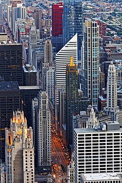 View from the Observatory Deck of the John Hanckock Tower onto the high-rises of the loop district, Chicago, Illinois, USA