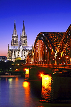 View over river Rhine towards Cologne cathedral and the Hohenzollern Bridge, Cologne, Rhine river, North Rhine-Westphalia, Germany