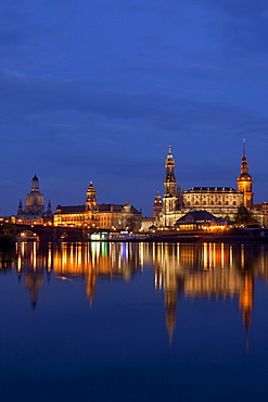 City view with Elbe River, Augustus Bridge, Frauenkirche, Church of our Lady, Staendehaus, town hall tower, Hofkirche and Hausmannsturm, tower of Dresden Castle, Dresden, Saxony, Germany