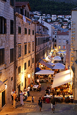 Bars and Restaurants in old city Center of Dubrovnik in the evening, Croatia