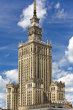 The Soviet-style Palace of Culture and Sciences under clouded sky, Warsaw, Poland, Europe