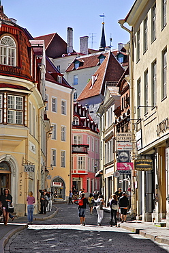 View at people in Pikk street to cathedral hill, Tallinn, Estonia, Europe