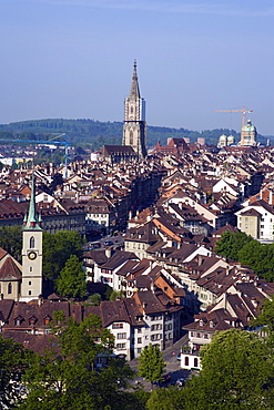 View of the Old City of Berne with Nydegg Church and Cathedral, Berner Muenster in the background, Berne, Switzerland