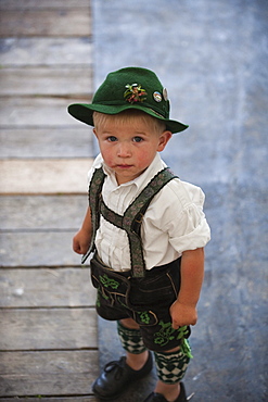 Boy wearing traditional costume, Alpine Finger Wrestling Championship, Antdorf, Upper Bavaria, Germany