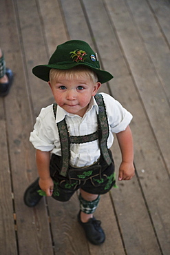 Boy wearing traditional costume, Alpine Finger Wrestling Championship, Antdorf, Upper Bavaria, Germany