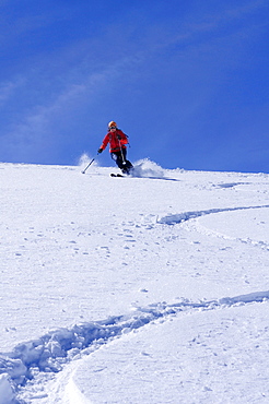 Woman downhill skiing, Granatspitze in background, Granatspitz mountain range, Hohe Tauern, Salzburg, Austria