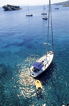 View from from the crows nest, high angle view, birdÂ¥s eye view of sailing boats, Mediterranean sea, Greece, Europe