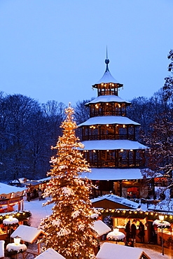 Christmas market at the Chinesischer Turm, Englischer Garten, Munich, Bavaria, Germany