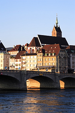 View of the old city of Basel with St. Martins Church in the background, Mittlere Rheinbruecke, Basel, Switzerland