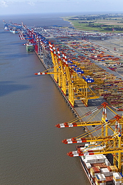 Aerial shot, container port, Bremerhaven, Lower Saxony, Germany