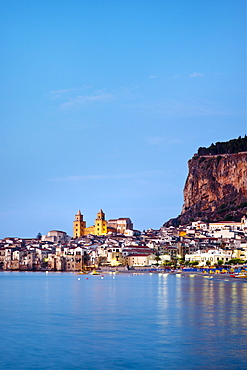 Old town, cathedral and cliff La Rocca, CefalË™, Palermo, Sicily, Italy