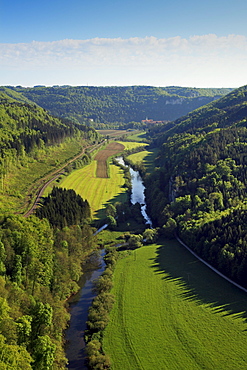 View over the Danube valley towards Beuron monastery, Upper Danube nature park, Danube river, Baden-Wuerttemberg, Germany