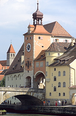 Bridge tower gate and old city of Regensburg, Regensburg, Upper Palatinate, Bavaria, Germany