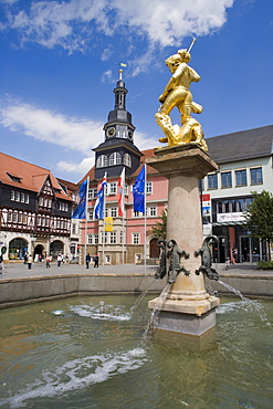 Marktbrunnen fountain of Heiliger Georg on Markplatz square and Rathaus city hall, Eisenach, Thuringia, Germany, Europe