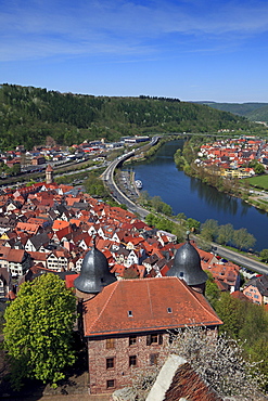 View from the castle over the Old Town and the Main river, Wertheim, Main river, Odenwald, Spessart, Baden-Wuerttemberg, Germany