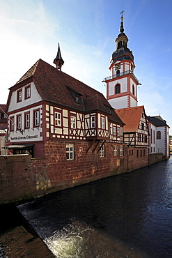 Old town hall and church, Erbach, Odenwald, Hesse, Germany