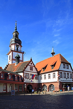 Old town hall and church, Erbach, Odenwald, Hesse, Germany